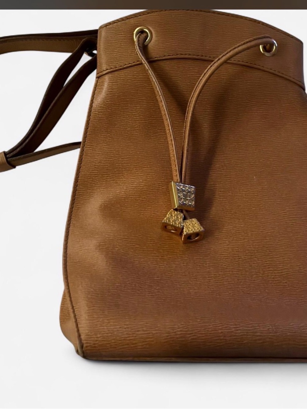 Christian Dior vintage camel bucket with gold accessories